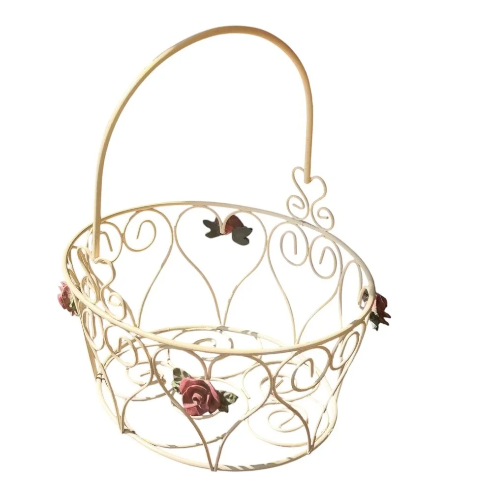 Vintage Style Cream Metal Wire Basket Roses Hearts Shabby Chic Cottage Decor